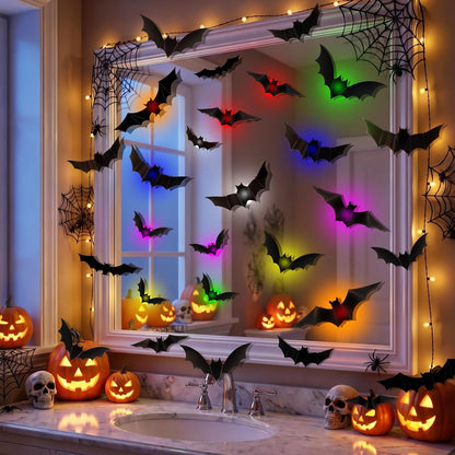 💖🎁 WREE® 3D LED Bat Light Halloween Wall Decoration – Glowing Ghost Party Decoration