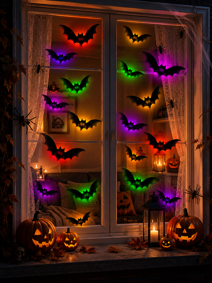 💖🎁 WREE® 3D LED Bat Light Halloween Wall Decoration – Glowing Ghost Party Decoration