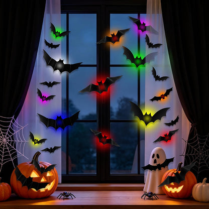 💖🎁 WREE® 3D LED Bat Light Halloween Wall Decoration – Glowing Ghost Party Decoration