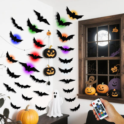 💖🎁 WREE® 3D LED Bat Light Halloween Wall Decoration – Glowing Ghost Party Decoration