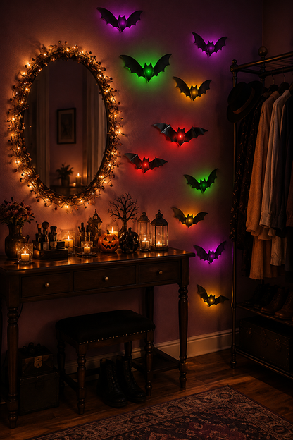 💖🎁 WREE® 3D LED Bat Light Halloween Wall Decoration – Glowing Ghost Party Decoration