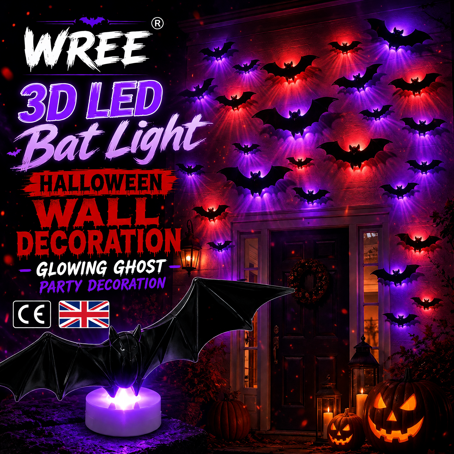 WREE® 🎁🎁🎁3D LED Bat Light Halloween Wall Decoration