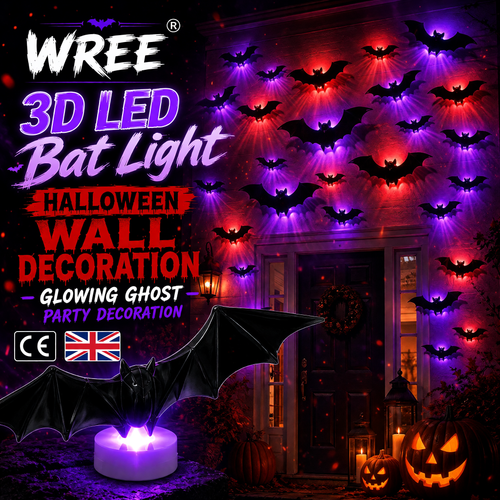 💕🎁 WREE® 3D LED Bat Light Halloween Wall Decoration – Glowing Ghost Party Decoration