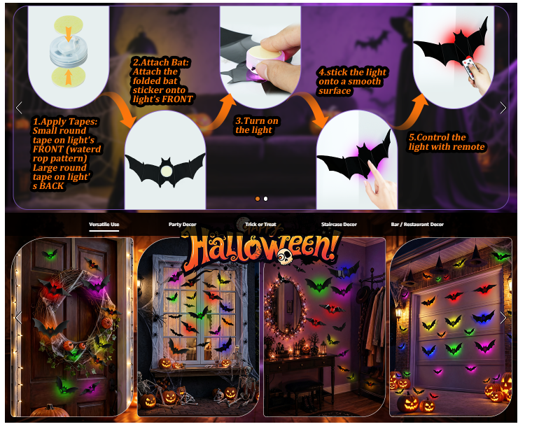 💕🎁 WREE® 3D LED Bat Light Halloween Wall Decoration – Glowing Ghost Party Decoration