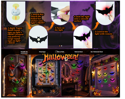 💕🎁 WREE® 3D LED Bat Light Halloween Wall Decoration – Glowing Ghost Party Decoration