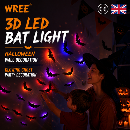 💖🎁 WREE® 3D LED Bat Light Halloween Wall Decoration – Glowing Ghost Party Decoration