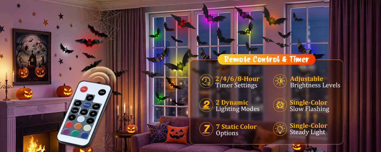 💕🎁 WREE® 3D LED Bat Light Halloween Wall Decoration – Glowing Ghost Party Decoration