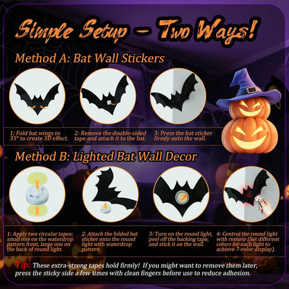 💖🎁 WREE® 3D LED Bat Light Halloween Wall Decoration – Glowing Ghost Party Decoration