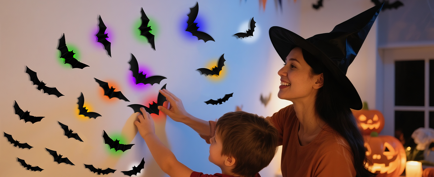 💕🎁 WREE® 3D LED Bat Light Halloween Wall Decoration – Glowing Ghost Party Decoration