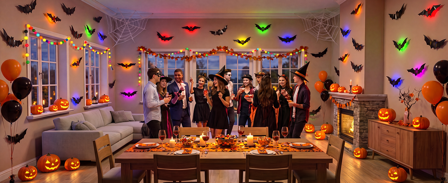 💕🎁 WREE® 3D LED Bat Light Halloween Wall Decoration – Glowing Ghost Party Decoration